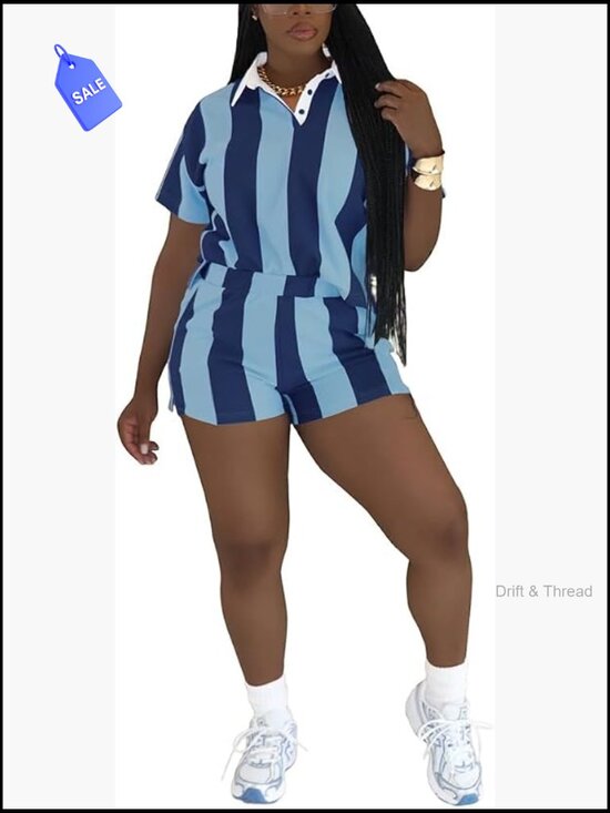 Tops - 2 Piece Summer Striped Polo Shirt and High Waisted Shorts Set for Women Active